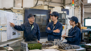 中小製造業の現場で工程改善を話し合う作業者